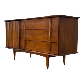 Mid Century Sculptured Front Walnut Dresser Credenza For Sale