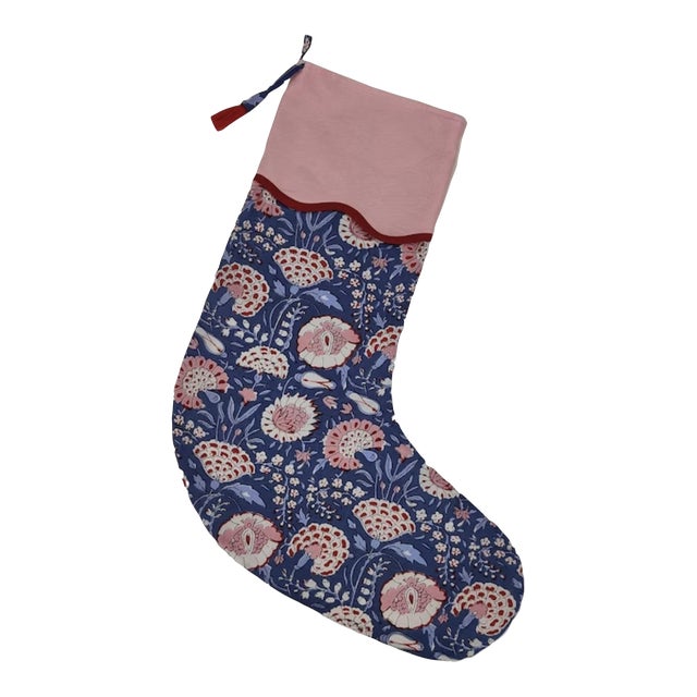 Handmade Dark Blue Floral Block Print Christmas Stocking with Red Piping For Sale