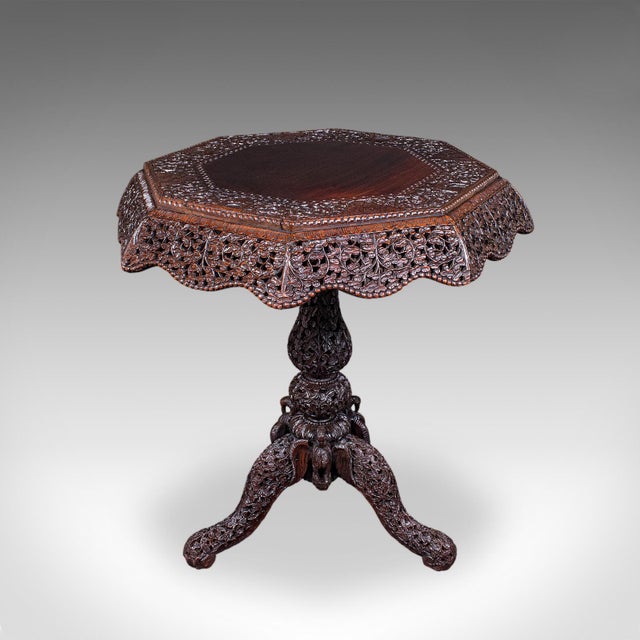 Antique Carved Tea Table, Burmese, Teak, Octagonal, Lamp, Side, Victorian, 1860 For Sale - Image 4 of 12