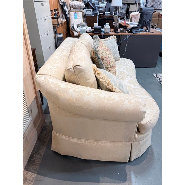 Traditional Vintage Ethan Allen Cream Damask Skirted Sofa For Sale - Image 3 of 11