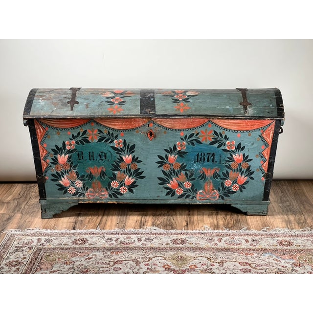 Wood Antique Swedish Oak Kista Dowry Chest C. 1841 For Sale - Image 7 of 14