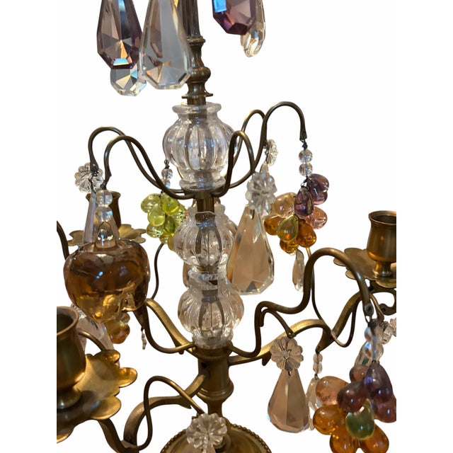 Pair 3-Arm French Gilt Brass Crystal Fruit and Crystal Candelabra, Made in France, Mid-Century Hollywood Regency For Sale - Image 9 of 12