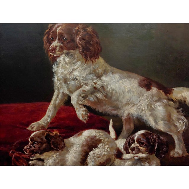 Siegwald Johannes Dahl -Cavalier King Charles W/Her Playful Puppies-Oil Painting 1854 For Sale - Image 4 of 12