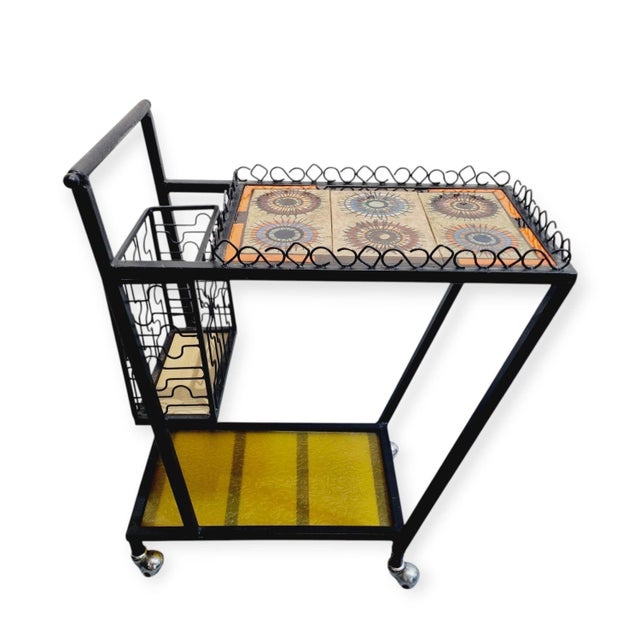 Vintage Mid-Century Wrought Iron Bar Cart with Ceramic Tile Top, 1960s For Sale - Image 11 of 11