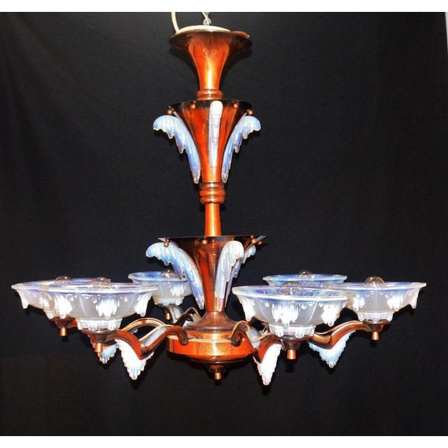 1930s French Art Deco Ezan Six-Light Opalescent Glass Stalactite Chandelier, 1930 For Sale - Image 5 of 18