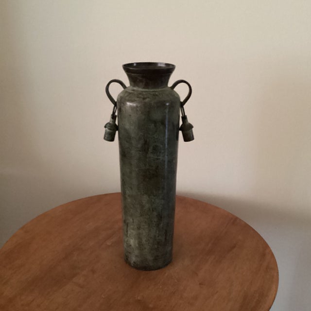 Vintage Cylindrical Metal Patinated Vase/Vessel With Unique Dangling Bell Handles For Sale - Image 12 of 12
