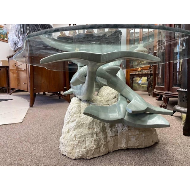 Glass Vintage Sculptural Glass Top Coffee Table, Three Dolphins, Marine Life, Exposed Top Fins, Textured Edge Glass For Sale - Image 7 of 11
