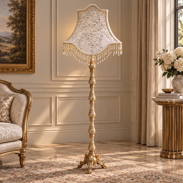 French French-Style Gilded Floor Lamp – Ornate Gold Leaf Stand With Embroidered Ivory Shade & Crystal Fringe For Sale - Image 3 of 3