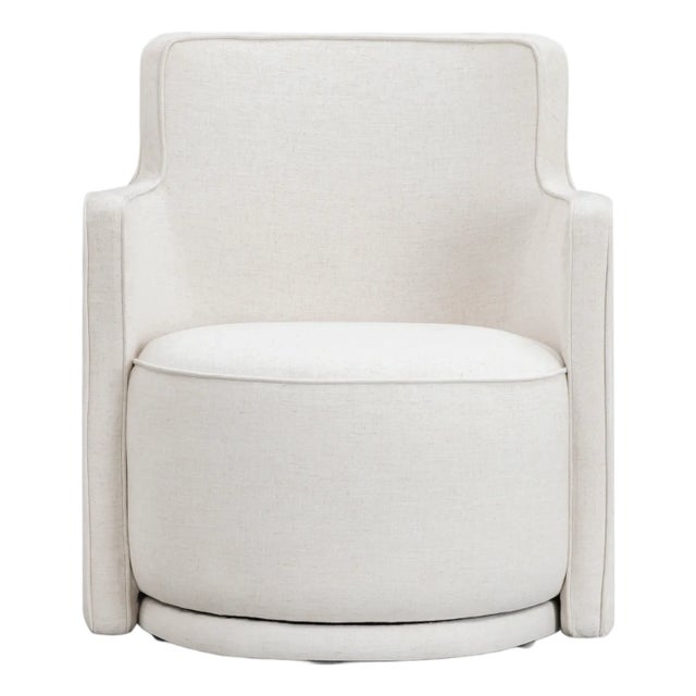 Wood Passe Upcycled Cream Linen Swivel Chair For Sale - Image 7 of 7