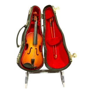 Vintage Miniature Replica Wood Violin and Bow With Case 6.5" Long For Sale