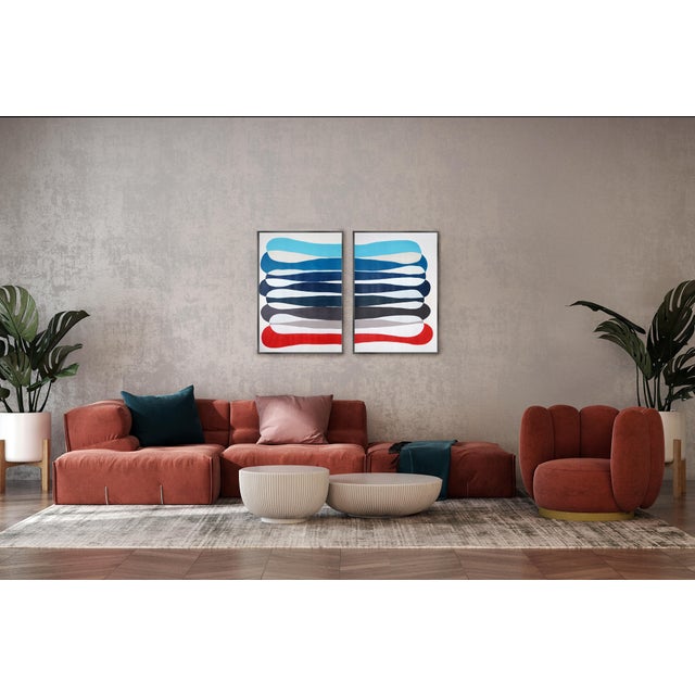 Contemporary 2026, Looping Horizon, Modern Organic Diptych, Color Band Elipse in Blue and Red, Acrylic Paint on Watercolor Paper by Ryan Rivadeneyra For Sale - Image 3 of 10
