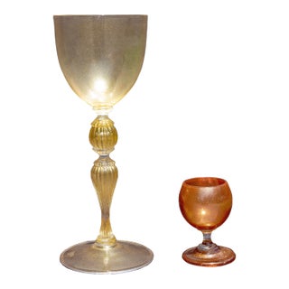 Murano Glass Gold Infused Wine Goblet and Cordial Glass Attributed to Salvati For Sale
