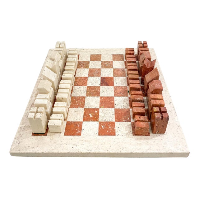Chess Game in Two Colored Travertine by Angelo Mangiarotti, Italy, 1970s For Sale