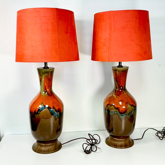 1960s Vintage Boho Chic Glazed Drip Ceramic Table Lamps - A Pair, New Shades. For Sale - Image 10 of 15