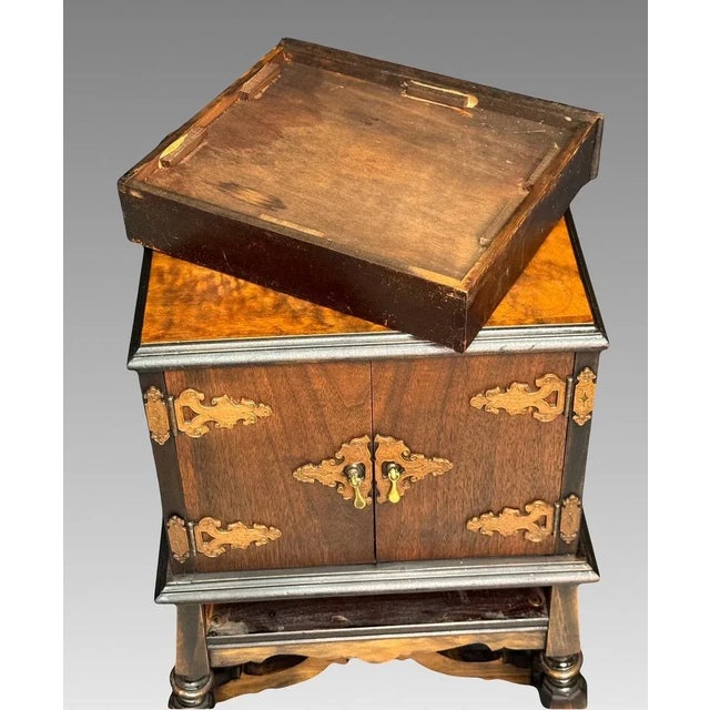 Brown Antique Arts & Crafts / Chinoiserie Burled Walnut Cigar / Smoking Cabinet, Copper Lined Humidor For Sale - Image 8 of 12