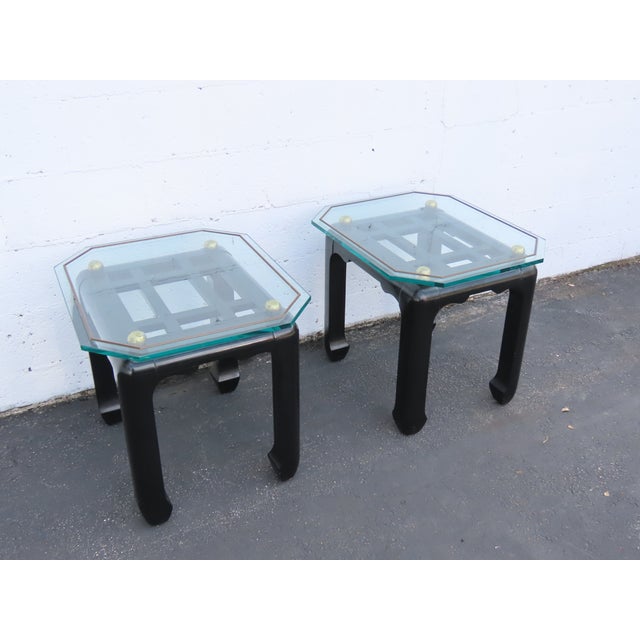 Hollywood Regency Black Painted Glass Top Side Tables a Pair 6901 For Sale - Image 14 of 18