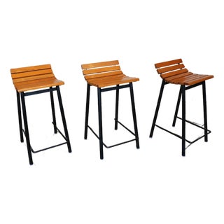 Set of Three Mid-Century Modern Oak & Steel Bar Stools, 1960s For Sale