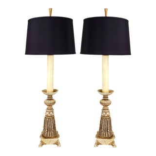Pair Tassel Table Lamps With Black Linen Shades Included For Sale