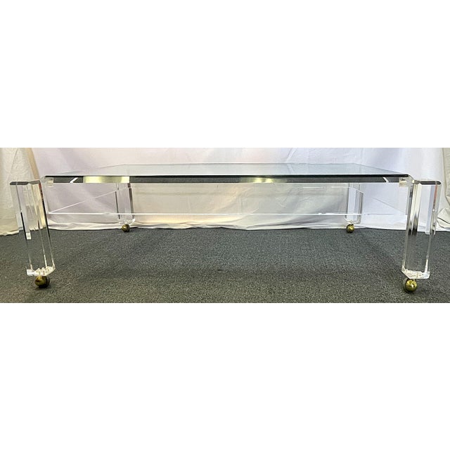 Charles Hollis Jones 1970's Charles Hollis Jones Style Lucite and Glass Coffee Table on Casters For Sale - Image 4 of 12