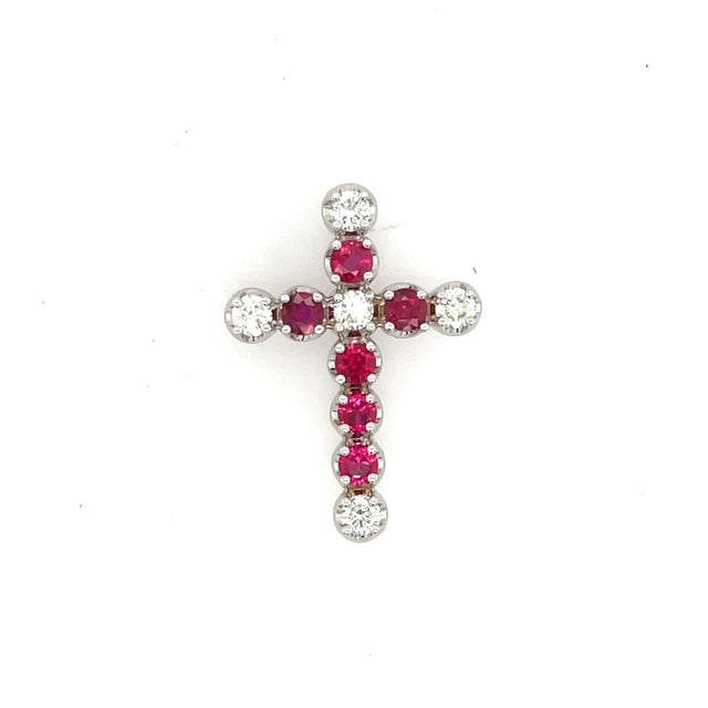 14k White Gold Diamond & Ruby Cross Pendant Necklace For Sale In Los Angeles - Image 6 of 7