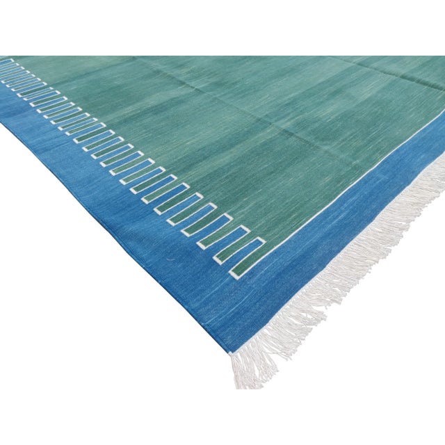 Handmade Green and Blue Geometric Cotton Rug - 10'x14' For Sale - Image 6 of 11