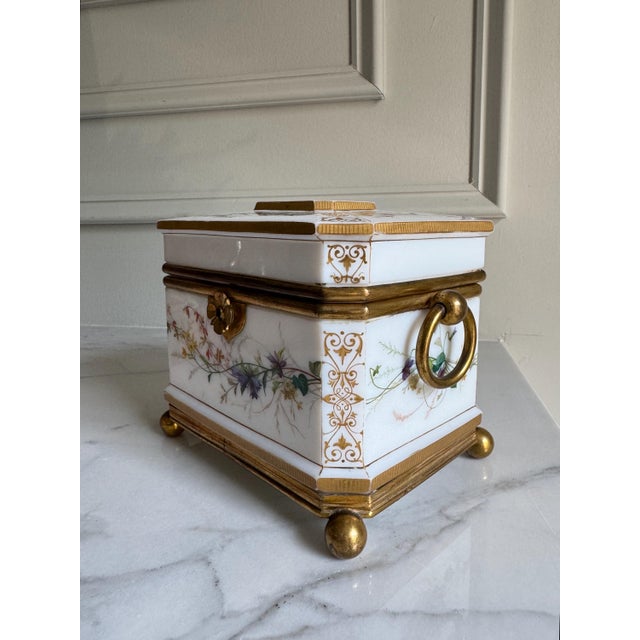 Vintage or Antique Possibly 19th Century White Opaline Glass Jewelry Casket Box Hand Painted Floral Decor & Gilt Bronze 6.25"x4.75"x5.25"h For Sale In Philadelphia - Image 6 of 18