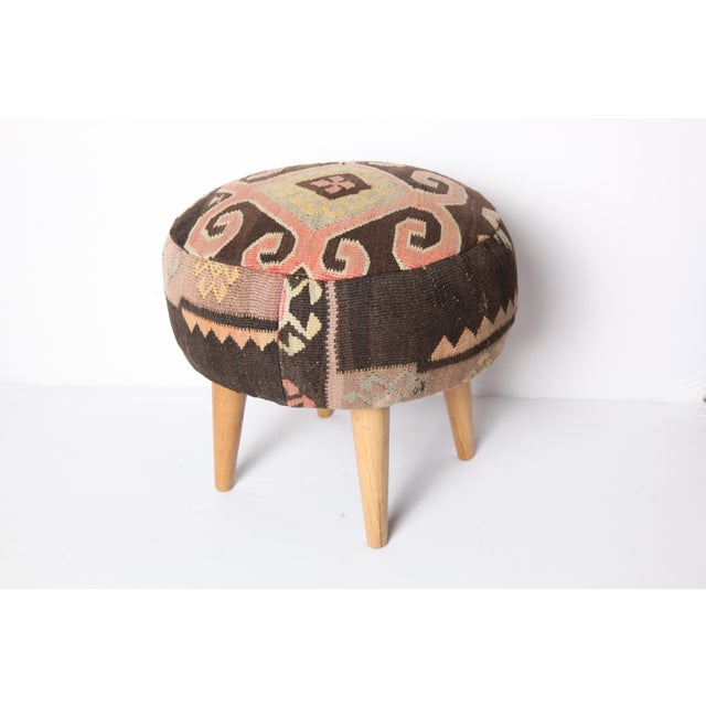 Handwoven Vintage Kilim Upholstered Ottoman Stool | Tribal Wool Footstool With Wooden Legs For Sale In Tampa - Image 6 of 8