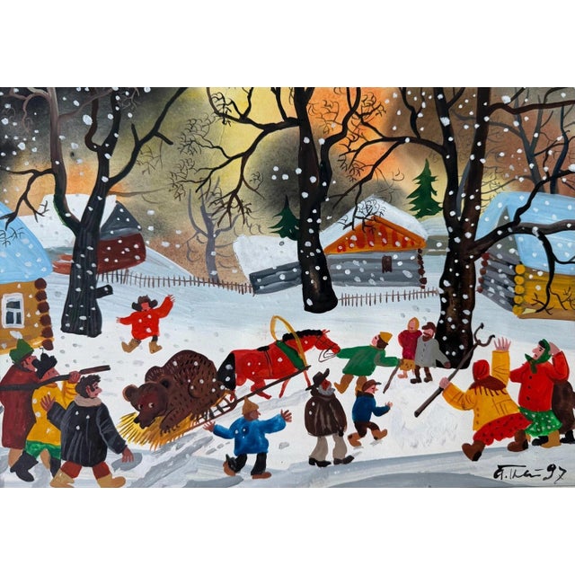 Eastern Europe Artist, Winter Village with Sled and Bear, 1997, Gouache For Sale - Image 11 of 11