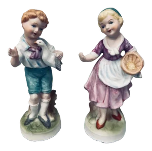 Vintage 1950s Capodimonte Boy W/ Goose + Girl W/ Basket Porcelain Figurines - Set of 2