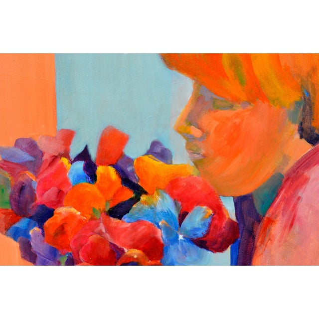 Impressionist Woman with Flowers Figurative Oil on Canvas 1980 For Sale - Image 4 of 7
