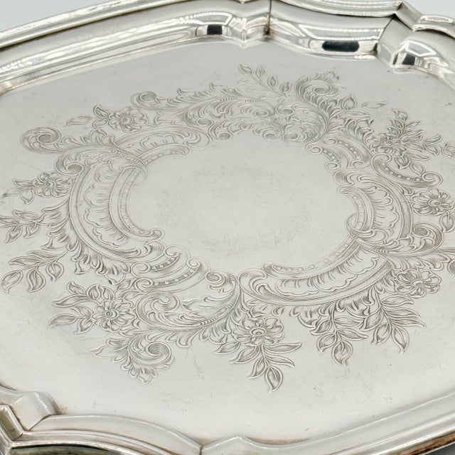 A charming vintage Lunt Silverplate tray with an elegant shaped border and finely engraved floral and scrollwork...