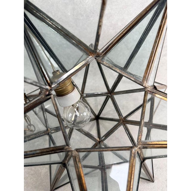 1920s Early 20th Century Moravian Star Glass and Brass Pendant Light For Sale - Image 5 of 12