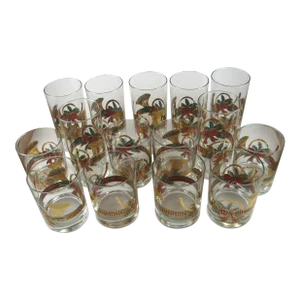 1960s Mid-Century Modern Culver Highball Whiskey Barware Glasses Yule Horn Christmas Plaid Bow 22k- 15 Pieces