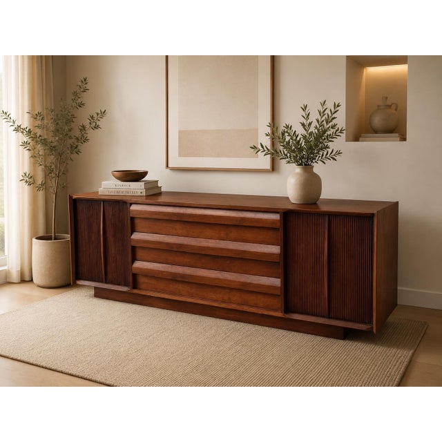 Awesome large midcentury modern credenza, sideboard, or media cabinet from Lane Furniture. This piece is from the Lane...