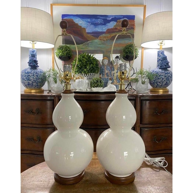 2010s Ralph Lauren Off White Crackle-Glaze Double-Gourd Lamps, a Pair For Sale - Image 5 of 7