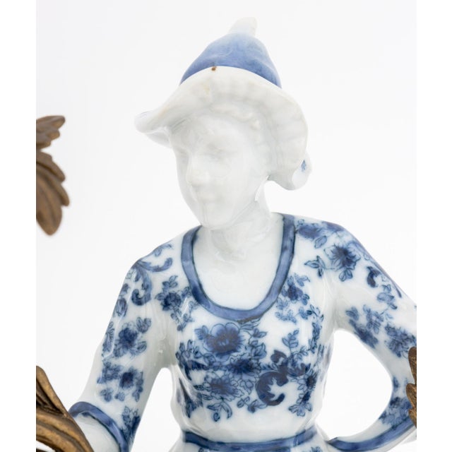 Mid 20th Century Chinoiserie Porcelain and Brass Candlesticks, Pair For Sale - Image 5 of 9