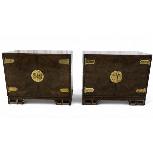 This elegant pair of Mastercraft Asian-style cabinets exudes sophistication. Crafted with shades of brown burl veneer over...