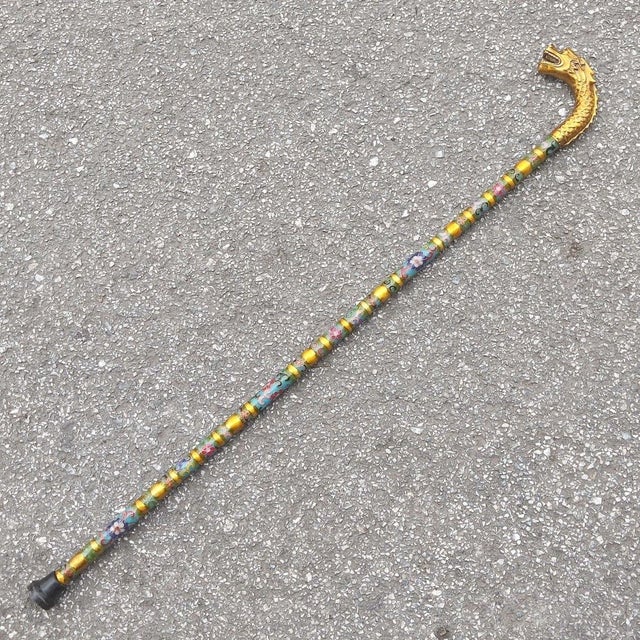 Vintage Cloisonne Dragon Head Cane - Gilt Enamel Walking Stick For Sale - Image 4 of 9