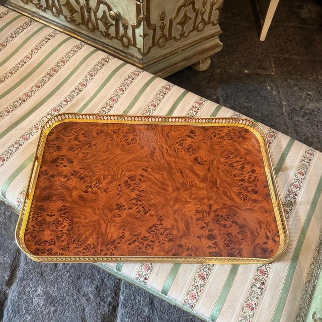 1980s Victorian Style Faux Walnut Root Formica and Brass Tray by Mb Italy For Sale - Image 6 of 12