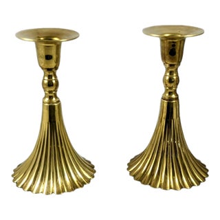 Vintage Italian Solid Ribbed Brass and Carrera Marble Candle Stick Holders-Set of 2 For Sale