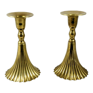 Vintage Italian Solid Ribbed Brass and Carrera Marble Candle Stick Holders-Set of 2