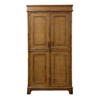 Mid 20th Century Coastal Boho Faux Bamboo Wicker Rattan Armoire Wardrobe Combo With Foldout Desk For Sale