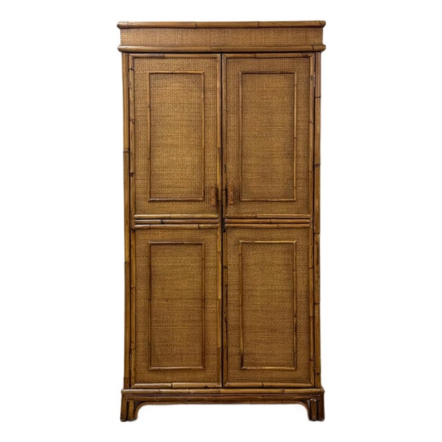 Mid 20th Century Coastal Boho Faux Bamboo Wicker Rattan Armoire Wardrobe Combo With Foldout Desk For Sale