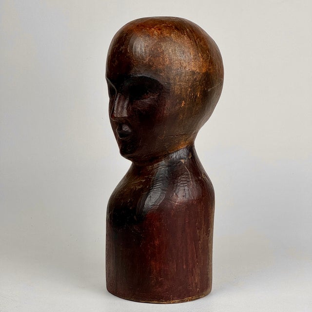 Unique 19th C. American Wood, Hand Carved Milliner Head Bust Sculpture For Sale - Image 4 of 12
