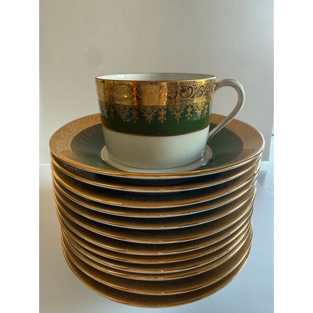 1900s Ch. Field Haviland Limoges France “Label De Qualité” Forest Green & Gold Encrusted 48-Piece Formal Dinner Service for 12 For Sale - Image 9 of 11