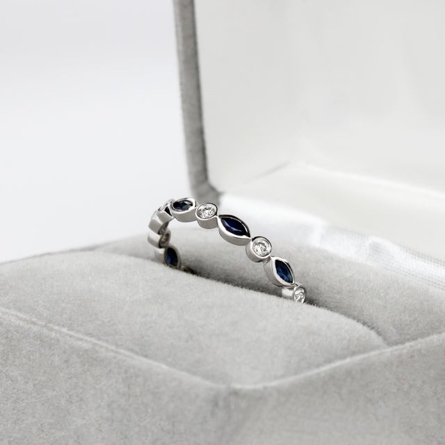 Contemporary Ceylon Sapphire & Natural Diamond Halfway Band in 14k White Gold | Bezel Setting, Size 6.75 For Sale - Image 3 of 5