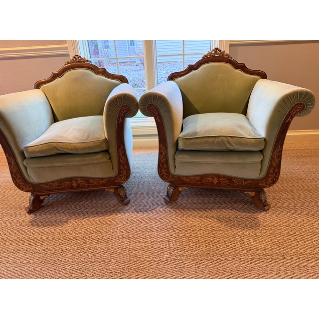 Early 20th Century Austrian Vienna Biedermeier Revival Armchairs in Carved Walnut with Green Velvet – Pair For Sale - Image 6 of 9