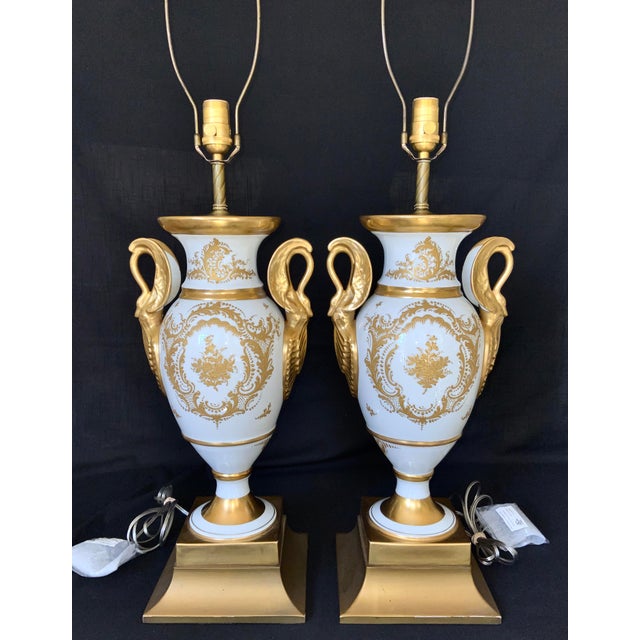 Paris Porcelain Napoleon Empire Style Swan Handled Urns Converted to Lamps (2) Raised Gold Details. Made in France...