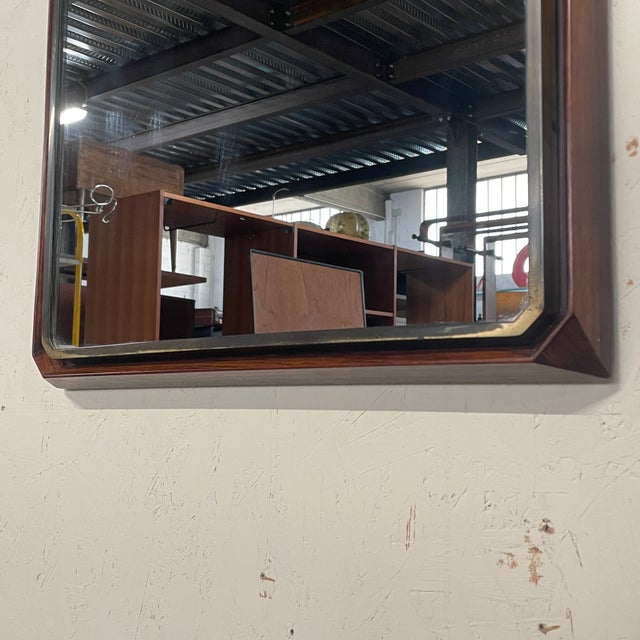 Metal Rectangular Wall Mirror with Wooden and Brass Frame, 1950s For Sale - Image 7 of 10
