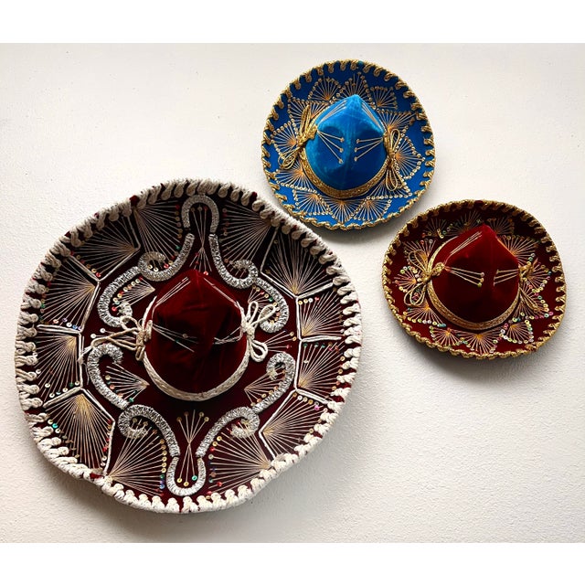 Mid 20th Century Set of 3 Vintage Mexican Charro Mariachi Sombreros, Pigalle & Salazar Yepez, Folk Art Wall Decor For Sale - Image 5 of 9